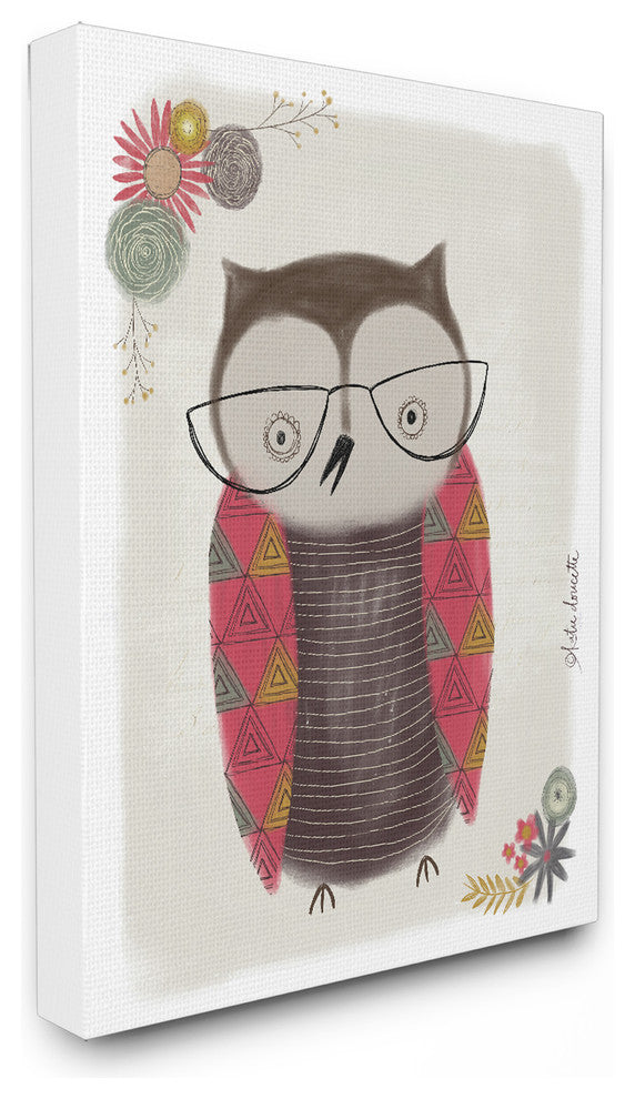 Cute Nerdy Owl Illustration Stretched Canvas Wall Art, 16x20
