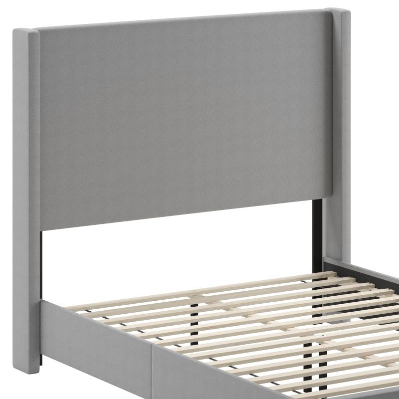 Quinn Upholstered Platform Bed with Channel Stitched Wingback Headboard, Gray, Queen