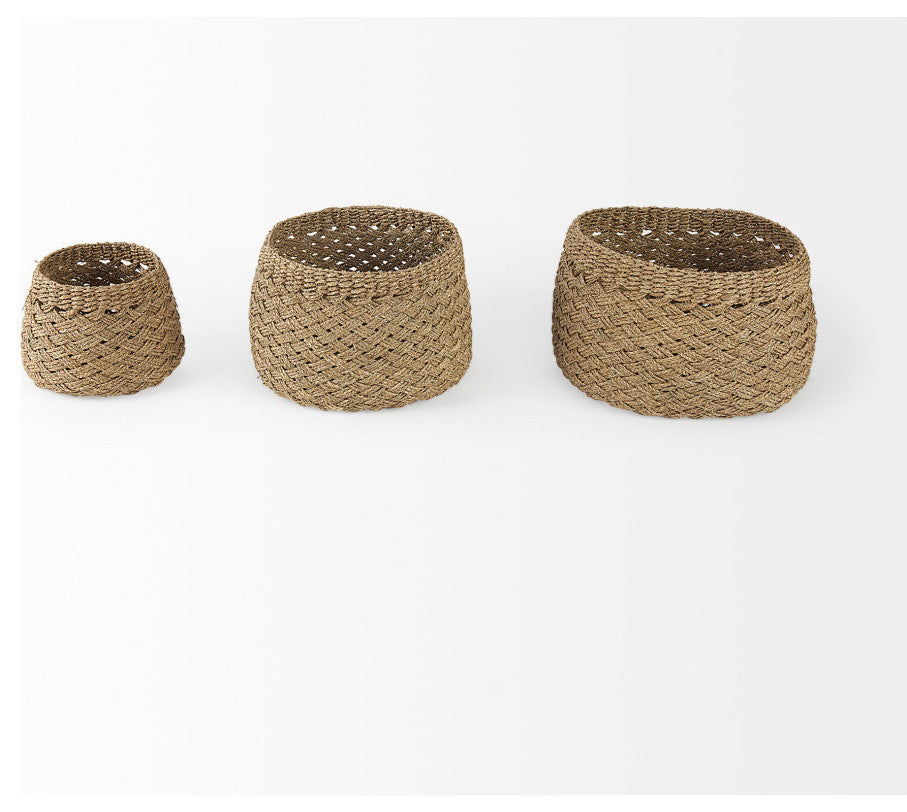 Jarek Medium Brown Seagrass Cross Weave Round Baskets, 3-Piece Set