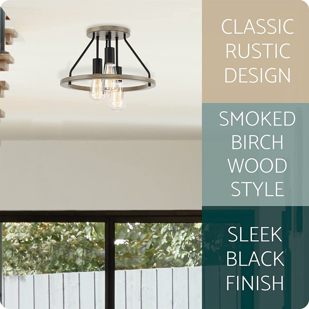 3 Light Farmhouse Flush Mount Light, Wood Ceiling Lamp