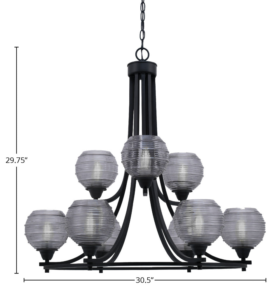 Paramount 9-Light Chandelier, Matte Black, 6" Smoke Ribbed Glass