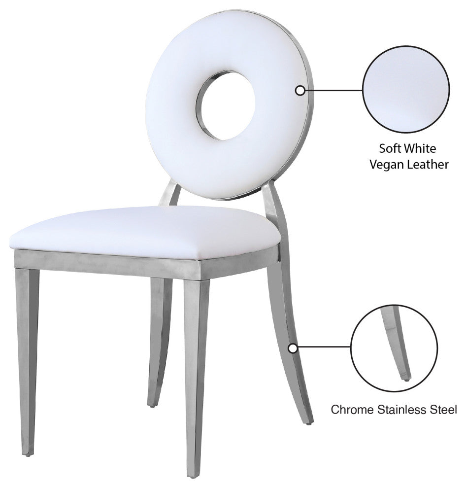 Carousel Upholstered Dining Chair, Set of 2, White Vegan Leather, Chrome Finish