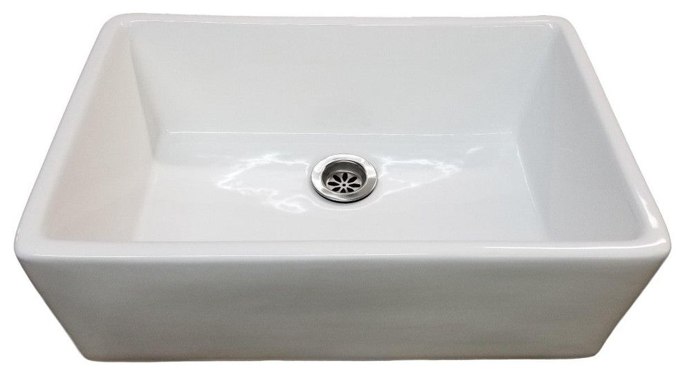 24" White Fireclay Farmhouse Apron Studio Bathroom Sink with Drain Kit