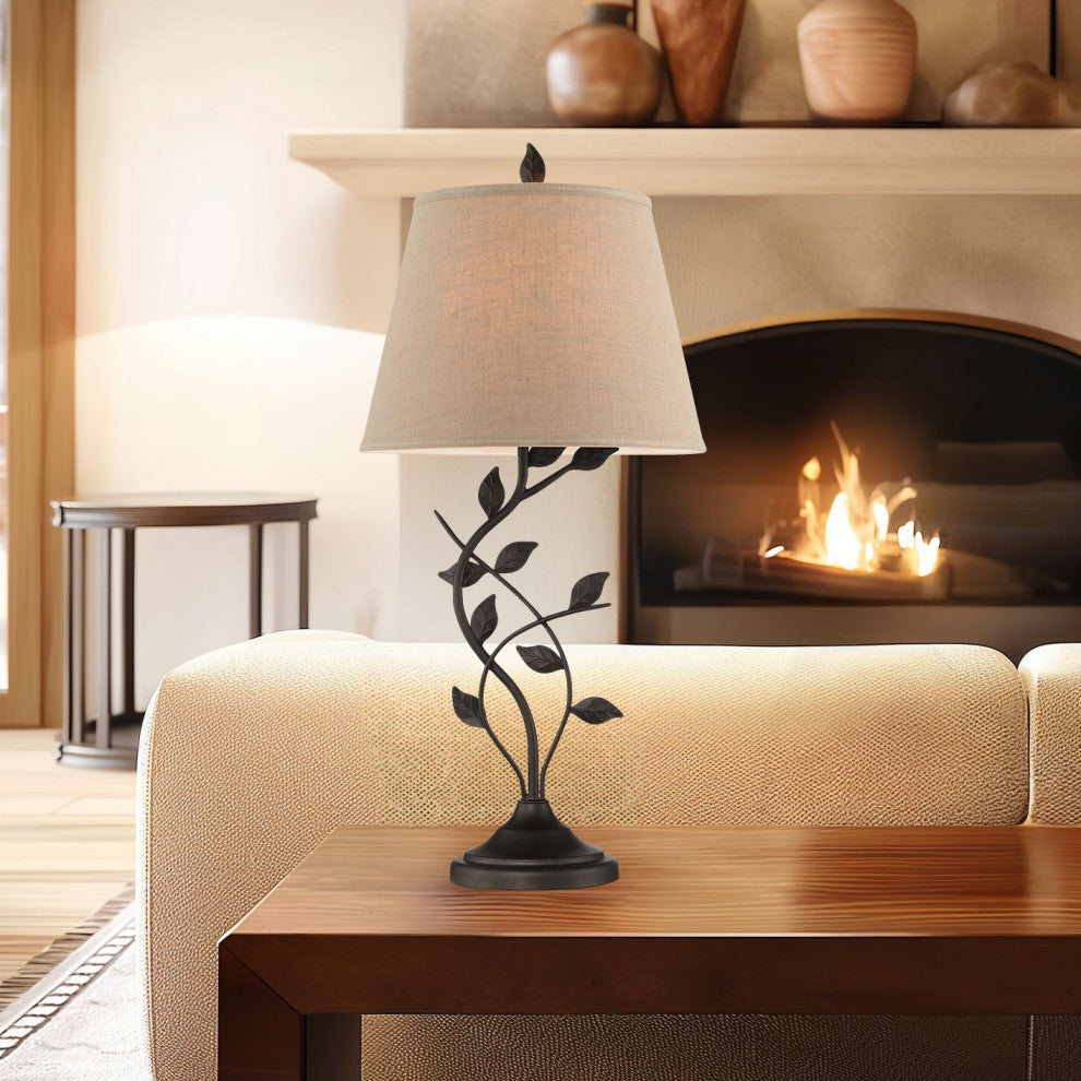 Kira Home Ambrose 31" Rustic Table Lamp, Beige Fabric Shade, Leaf Detailed Body