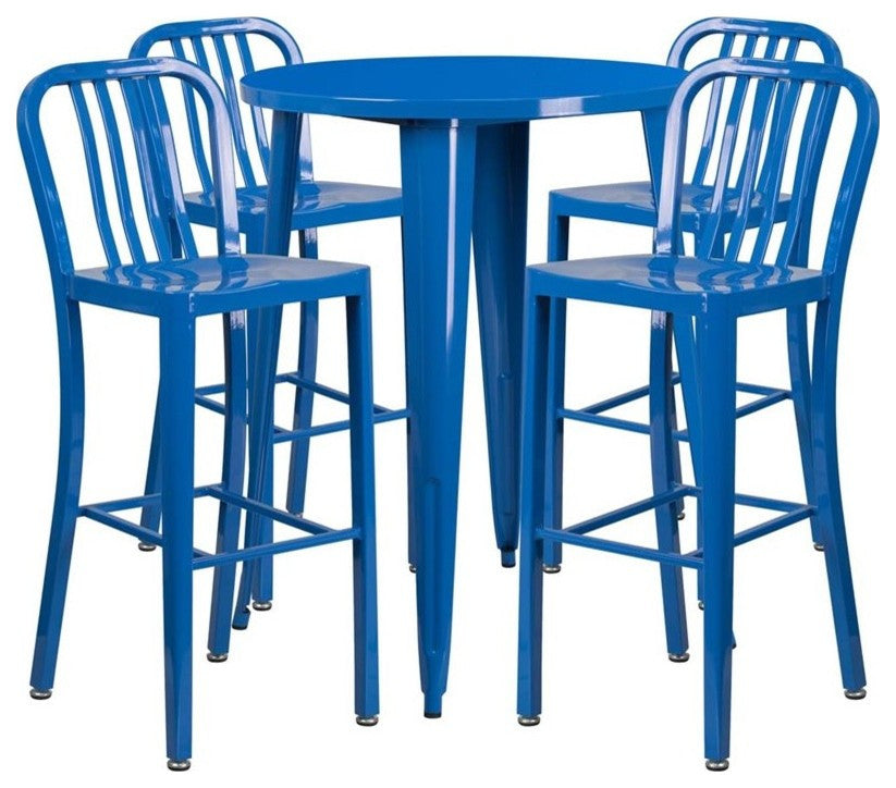 30'' Round Blue Metal Indoor-Outdoor Bar Table, 4 Vertical Slat Back Barstools