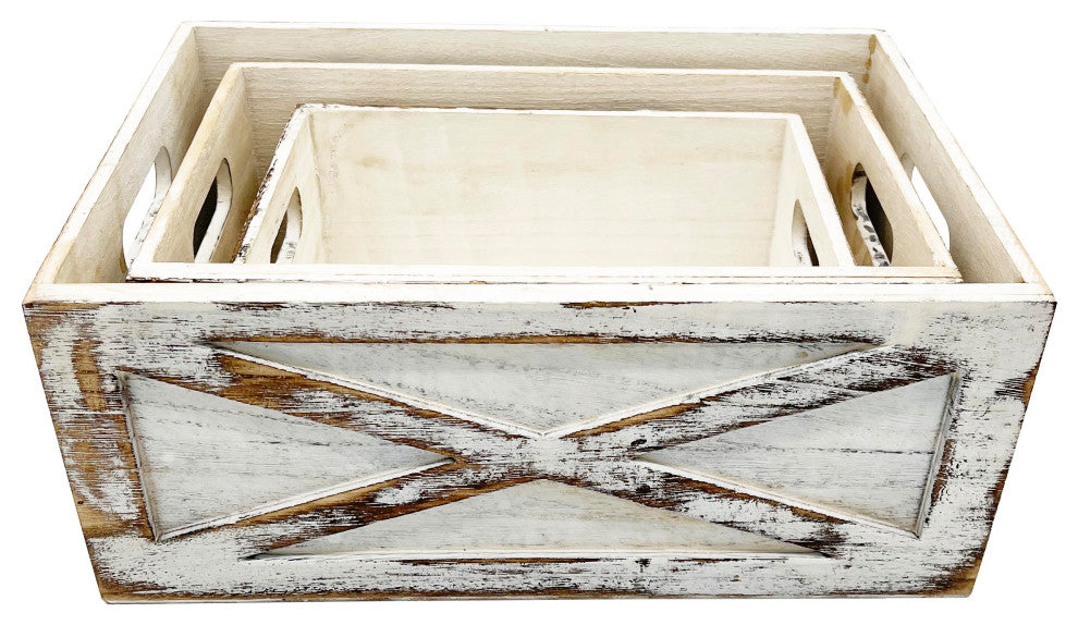 Rustic Nesting Wooden Crates Storage Container, Barn Door, White