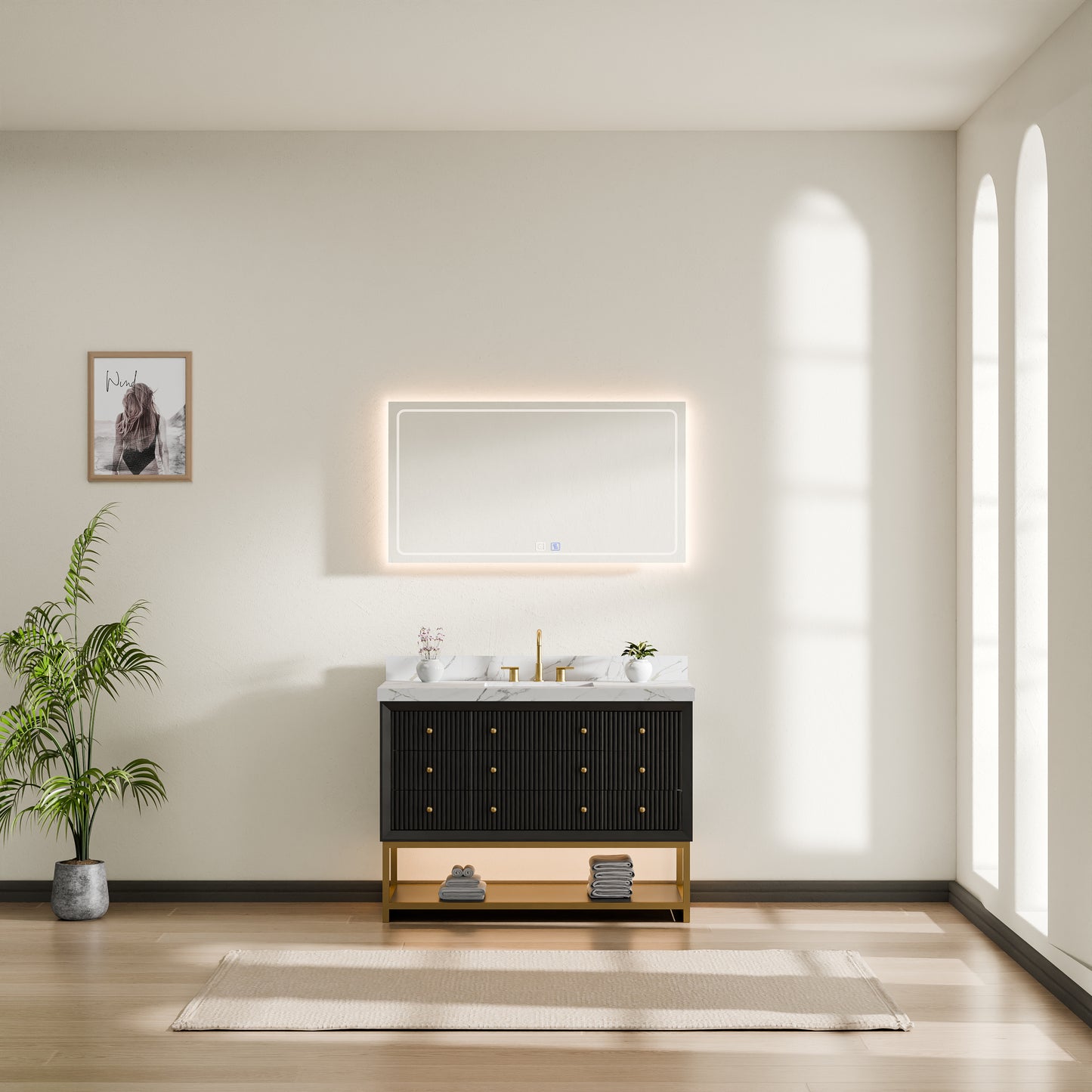 60''Wood Bathroom Vanity Set, With Drawers, Marble Top And Undermount Sink, White