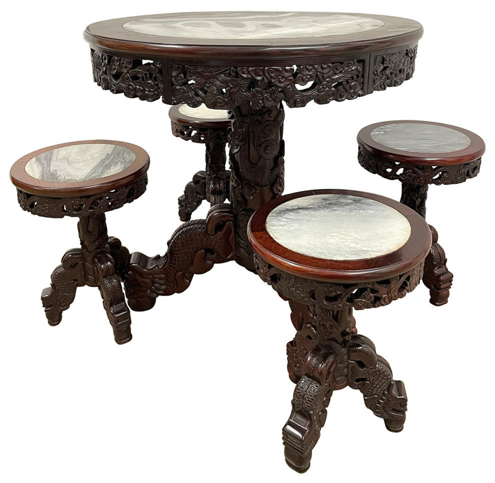 Consigned 20 Century Chinese Marble Top Hardwood Carved Round Dinning Table set