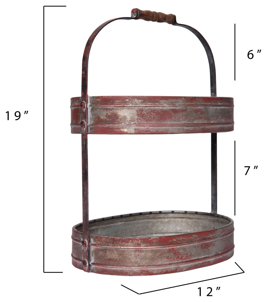 Red Metal Oval 2 Tier Tray With Handle