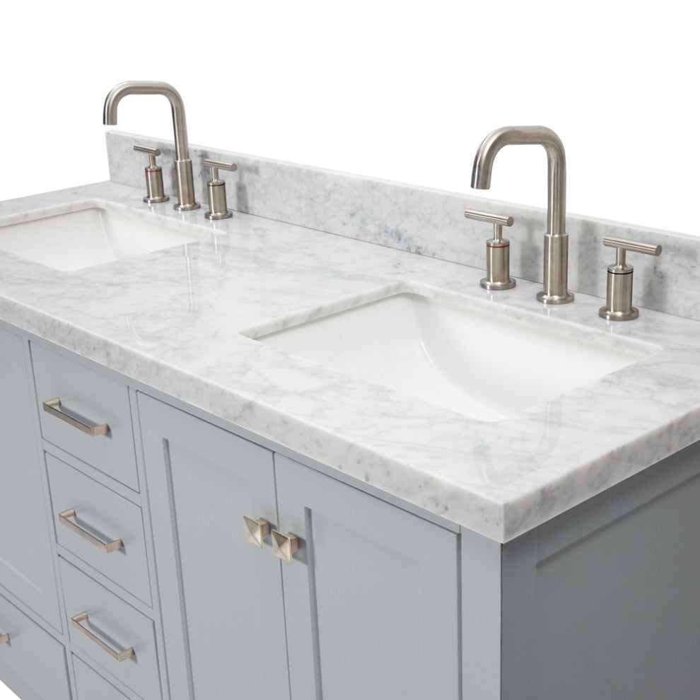 ARIEL Cambridge 61" Double Rectangle Sink Bathroom Vanity Grey With Marble Top