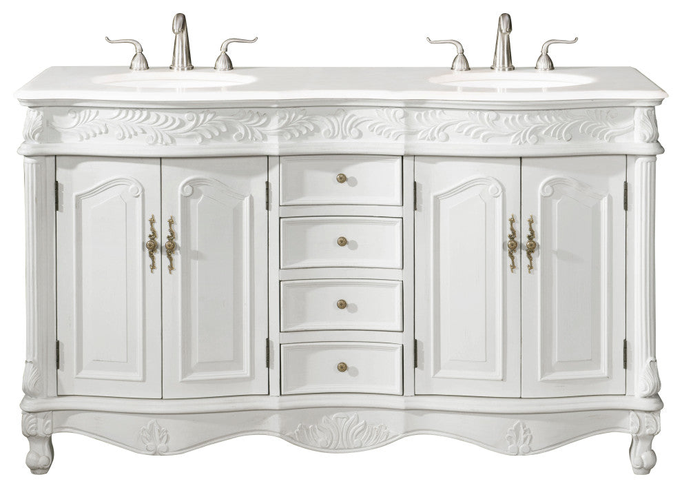 60" Double Bathroom Vanity, with Ivory White Engineered Marble in Antique White
