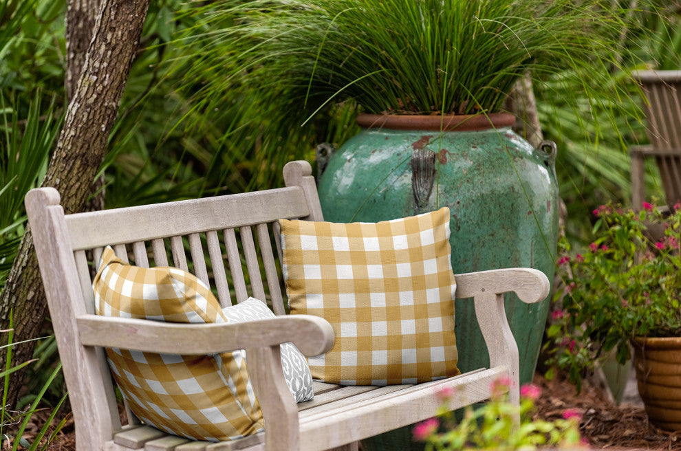 Gingham Plaid Indoor/Outdoor Throw Pillow, Golden Mustard, 18"x18"