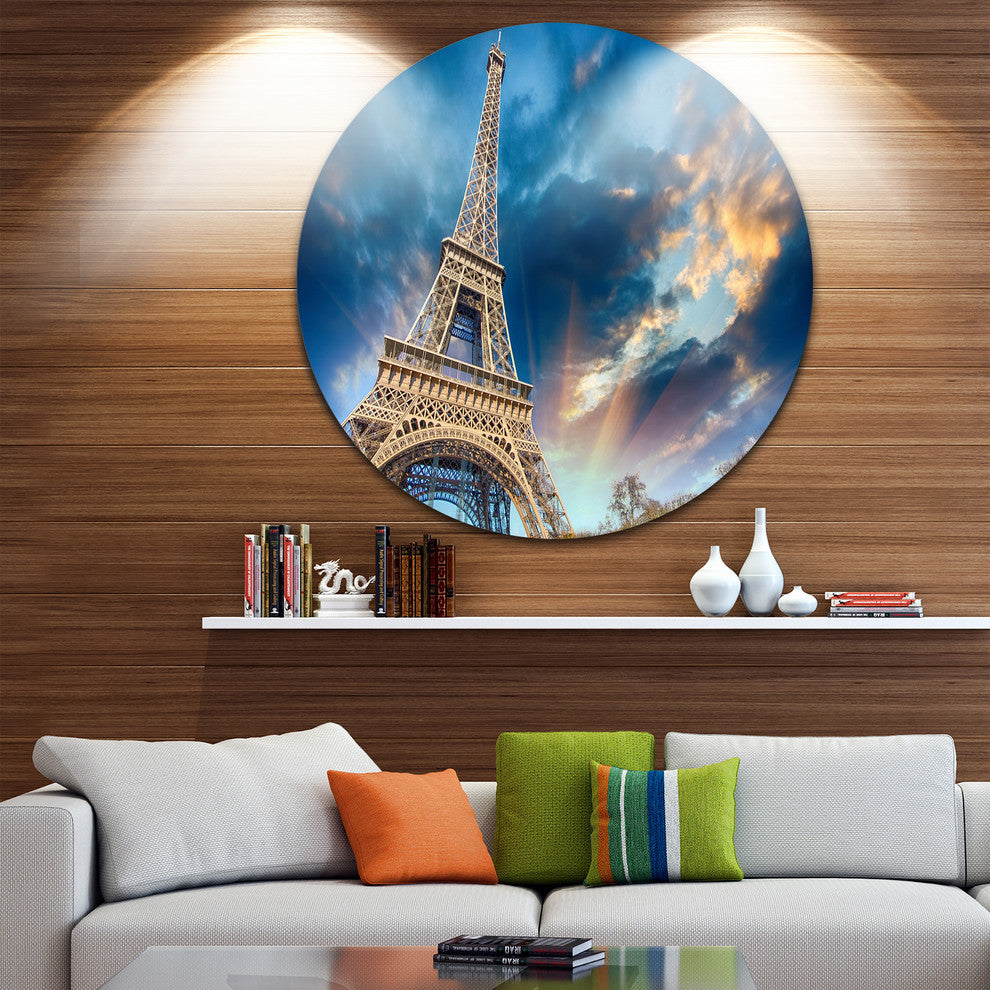 Beautiful View Paris Eiffel Tower Under Fiery Sky, Round Wall Art, 36"