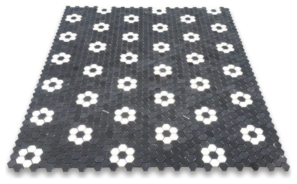 Nero Marquina Black Marble Rosette Hexagon Thassos White Flower Honed, 1 sheet