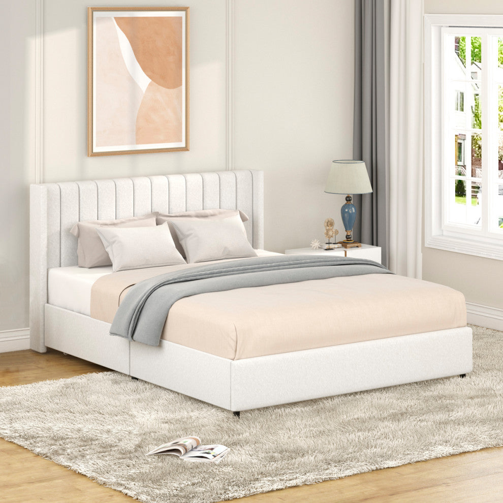 Qearl Queen Upholstered Platform Bed, 4 Storage Drawers, Tufted Headboard, Ivory