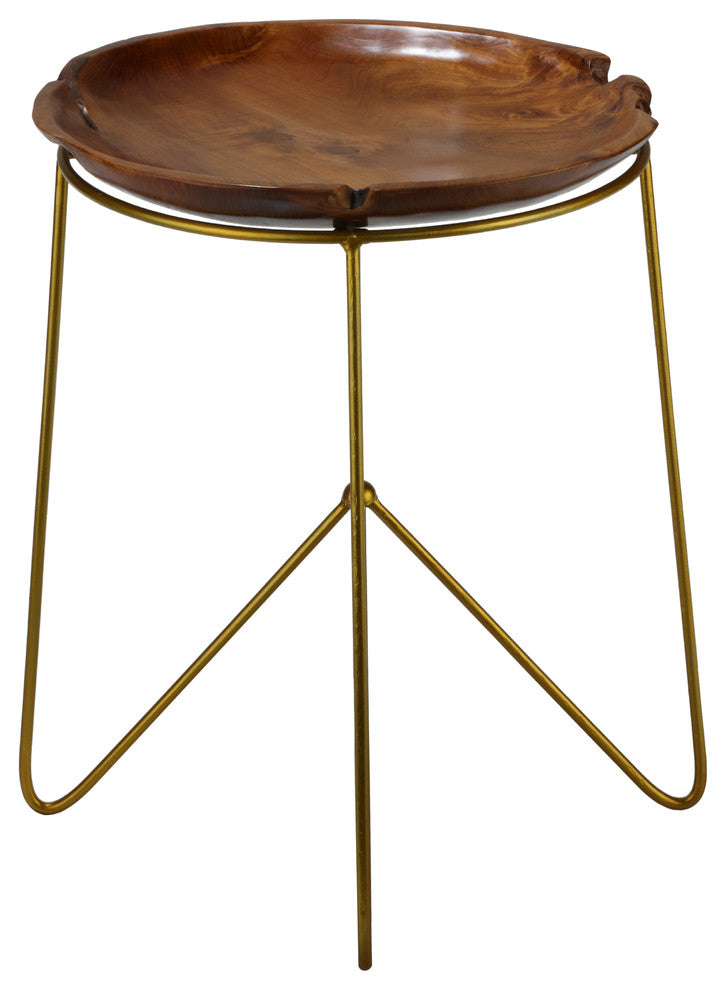 Bare Decor Paolo End Table With Teak Wood Top With Gold Finish Metal Legs