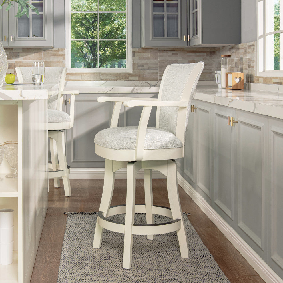 Williams Swivel Bar and Counter Stool With Armrests, White Pepper Stain Resistant Polyester & White Oak Wood, Counter Height