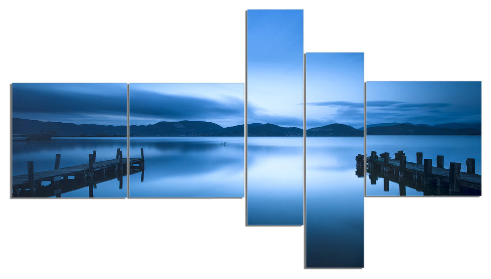Dark Blue Sea and Piers, Seascape Canvas Art Print, 60"x32", 5 panels