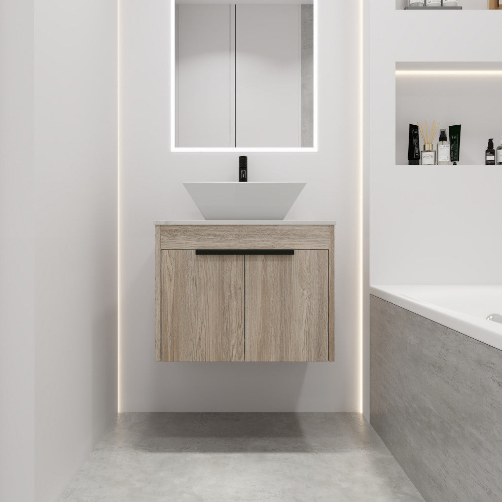 Wall-Mounted Bath Vanity, White Oak, White Ceramic Vessel Sink