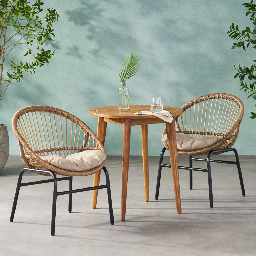 Meriden Outdoor Wicker and Acacia Wood 3 Piece Bistro Set With Cushion