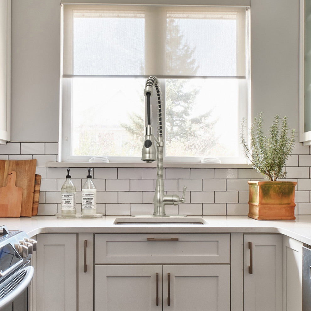 Copper Pre-Rinse Spring Kitchen Faucet with Pull Down Sprayer, Brushed Nickel