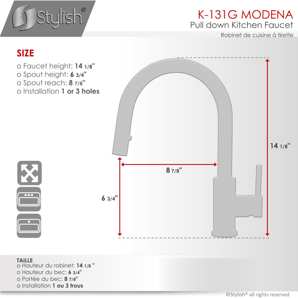 K131GK142G Single Handle Pull Down Kitchen Faucet With Cold Water Tap, Gold