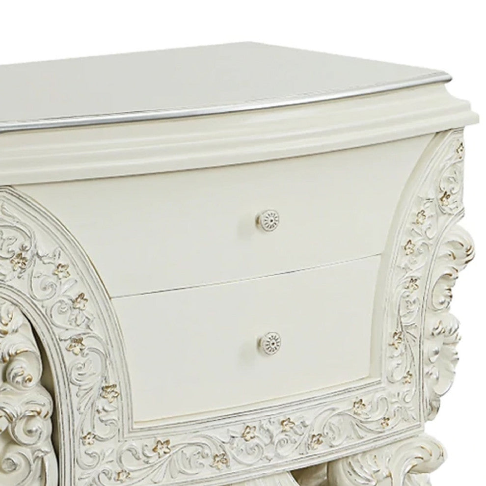 Benzara BM275674 40" Classic Ornate Carved Nightstand With 2 Drawer, Wood, White