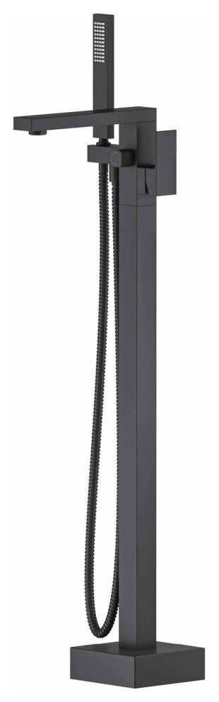 Cube Single Handle Floor Mount Tub Filler With Hand Shower, Matte Black