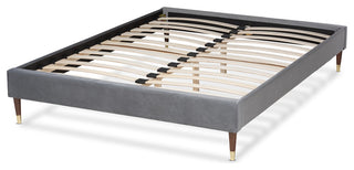 Charcoal Velvet Full Size Platform Bed Frame With Gold-Tone Leg Tips