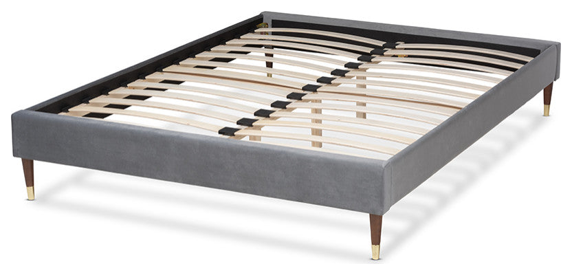 Charcoal Velvet Full Size Platform Bed Frame With Gold-Tone Leg Tips