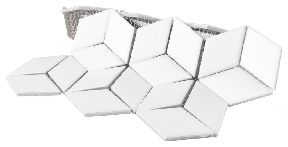 Metro Rhombus Mosaic Floor and Wall Tile, Glossy White