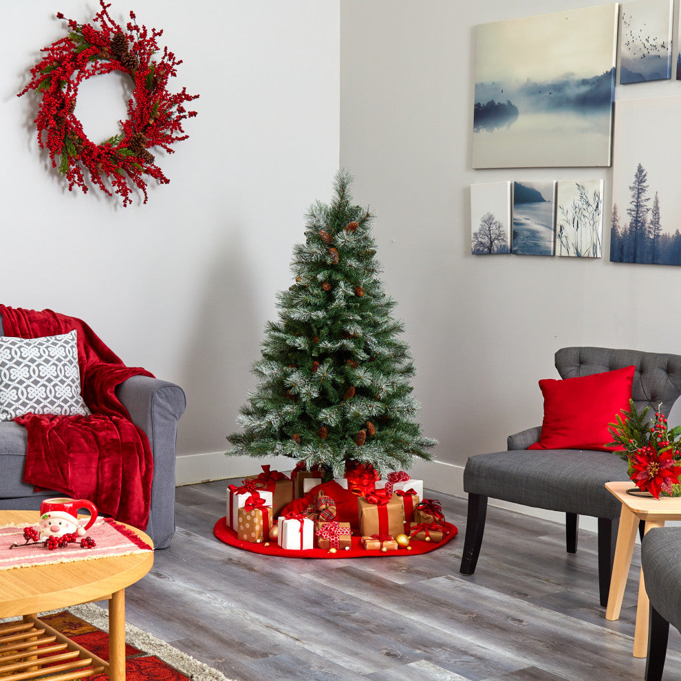 5' Snowed French Mountain Pine Faux Xmas Tree W/Bendable Branches & Pinecones