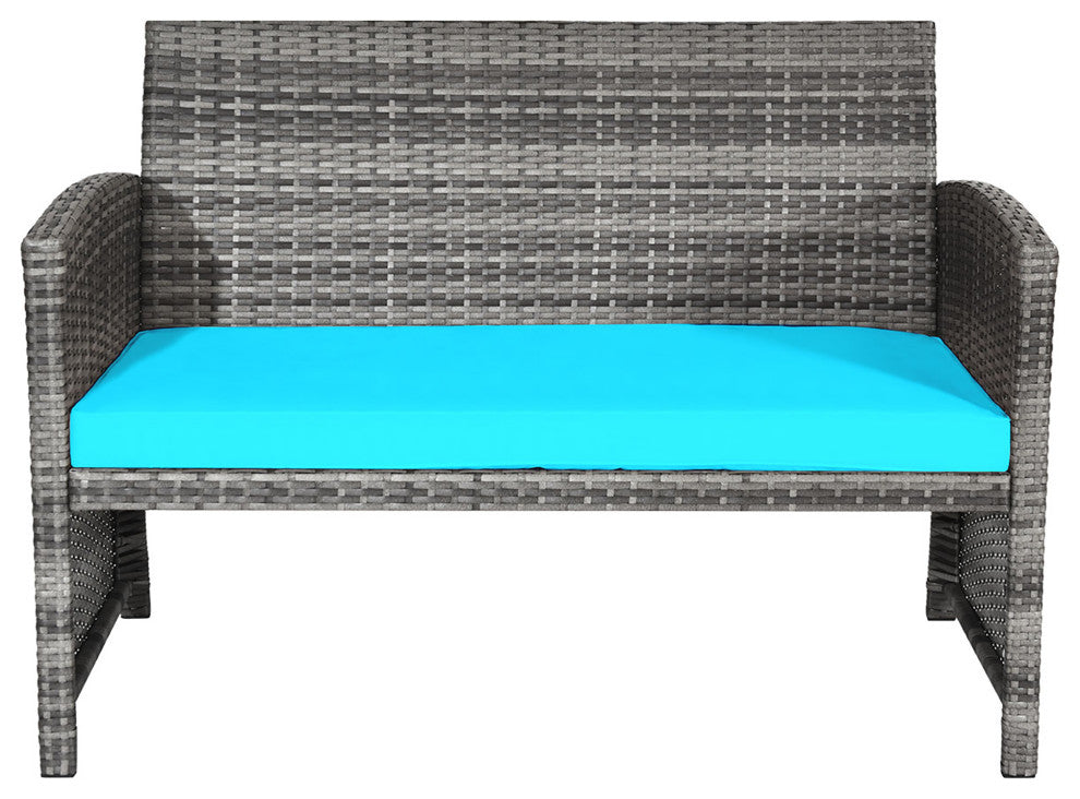 Costway 4PCS Patio Rattan Furniture Set Glass Table Top Cushioned Turquoise