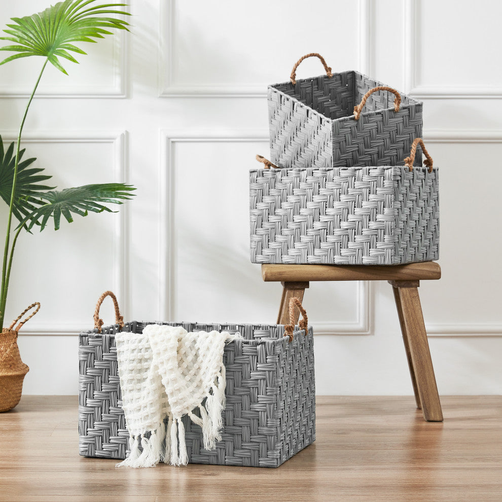 Nautica 3-Piece Set Rectangle Storage Bins with Rope Handles, Gray