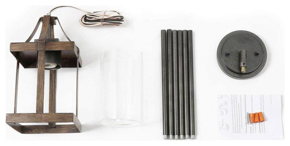 LALUZ 1-Light Antique Brown Wood and Clear Glass Mini Lantern Pendant Lighting