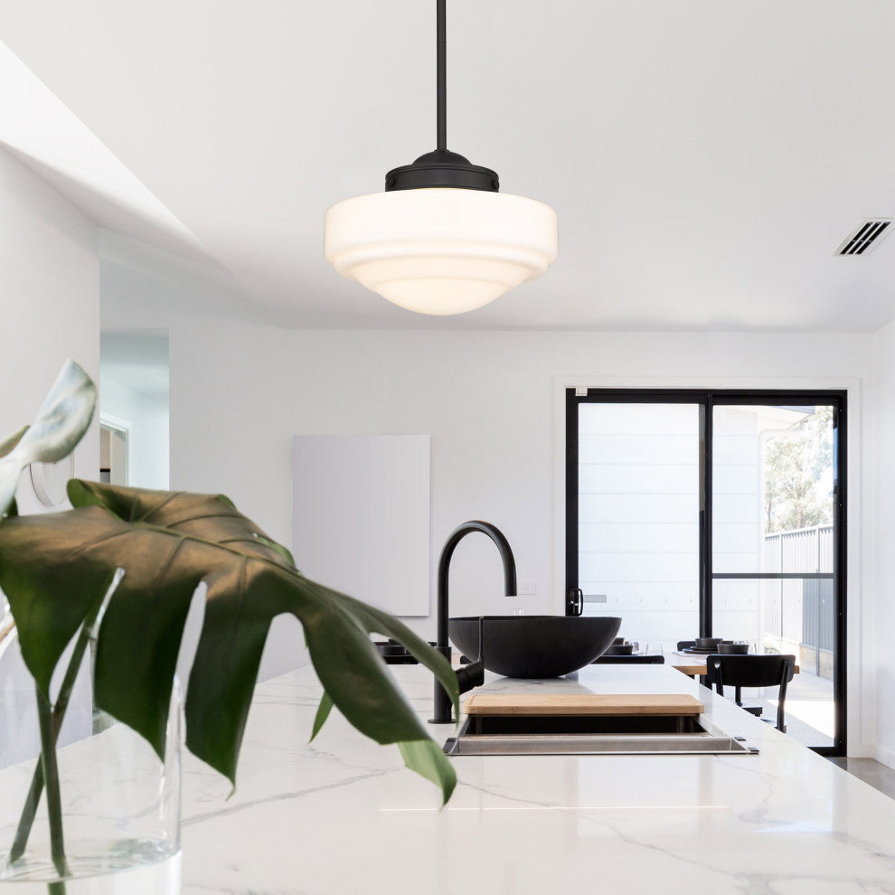 Golden Lighting 0508-M Ingalls 12"W Pendant - Matte Black / Vintage Milk Glass