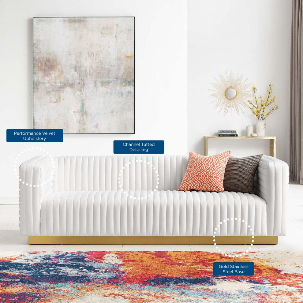 Tufted Sofa, Velvet, White, Modern, Living Lounge Room Hotel Lobby Hospitality