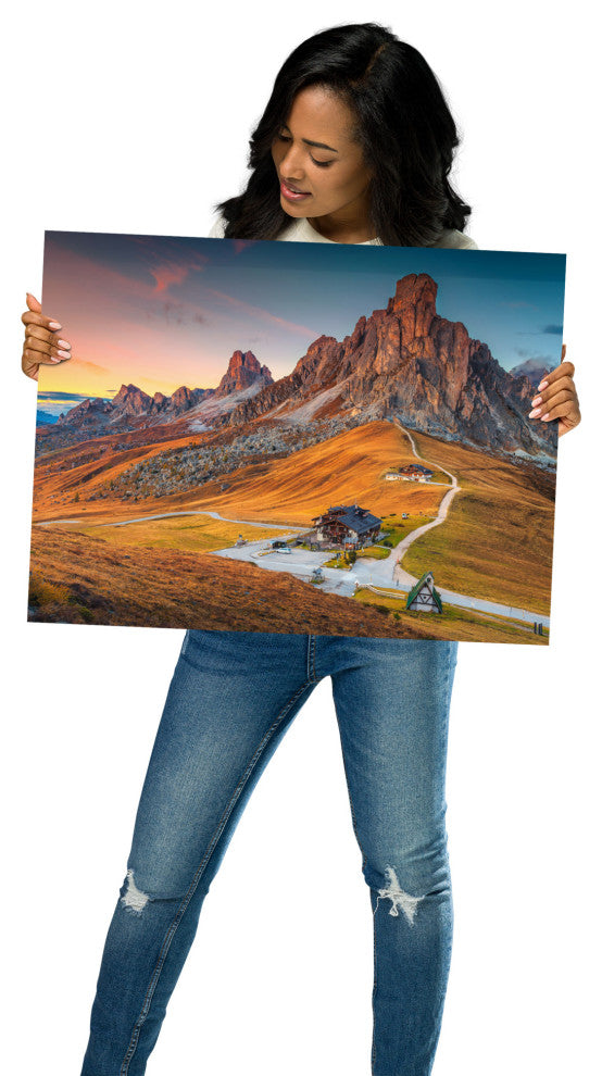Sunset at Alpine Mountain Pass Rural Landscape Photo Wall Art Print, 18" X 24"