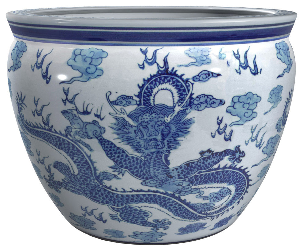14" Dragon Blue and White Porcelain Fishbowl