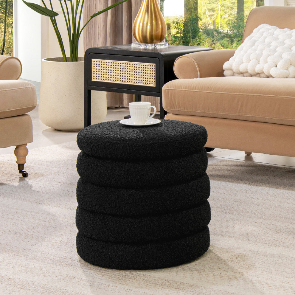 Fuji 19" Oversized Horizontal Tufted Round Storage Ottoman, Ebony Black Boucle