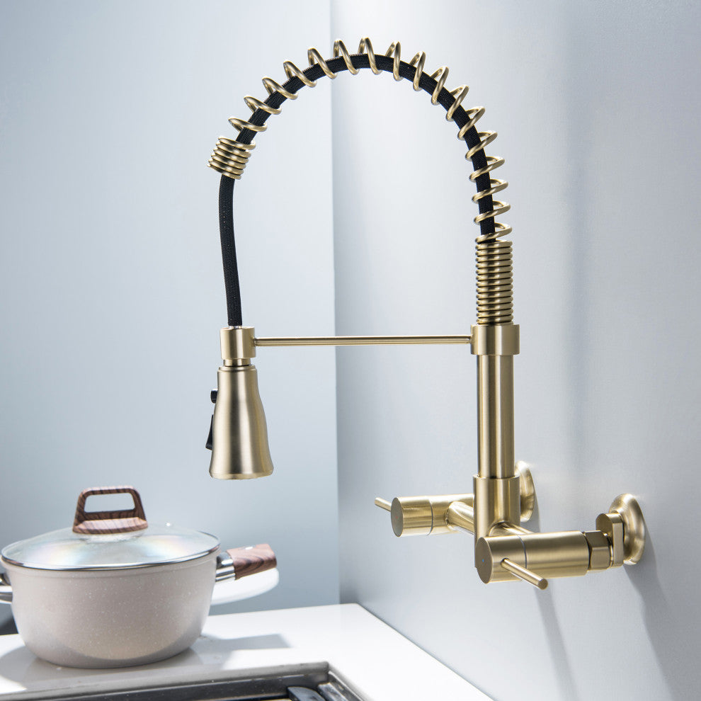 Wall Mounted Bridge Kitchen Faucet With 3 Function Sprayer And Spring Spout, Bru