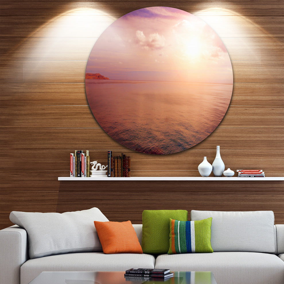 Pink Sky Over Dark Beach At Sunset, Seashore Round Wall Art, 23"