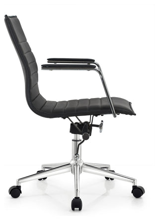 Modern Office Arm Chair With Wheels  Mid Back Ribbed PU Leather Adjustable, Black