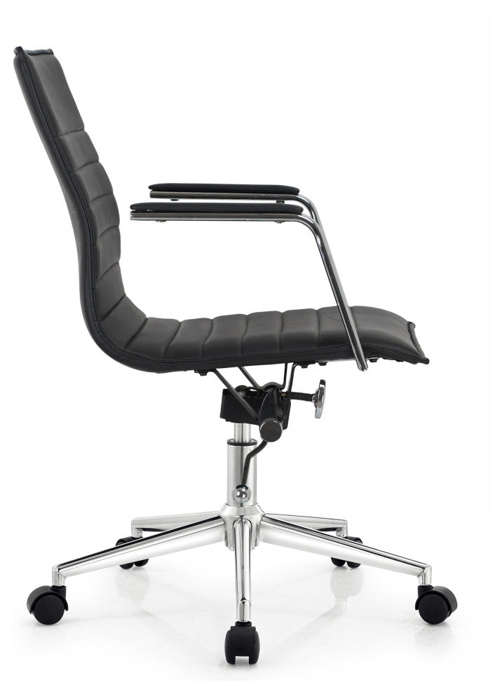 Modern Office Arm Chair With Wheels  Mid Back Ribbed PU Leather Adjustable, Black