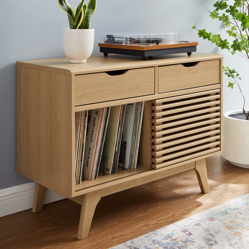 Vinyl Record Side Table Cabinet Stand, Brown Oak, Wood, Modern Lounge Cafe