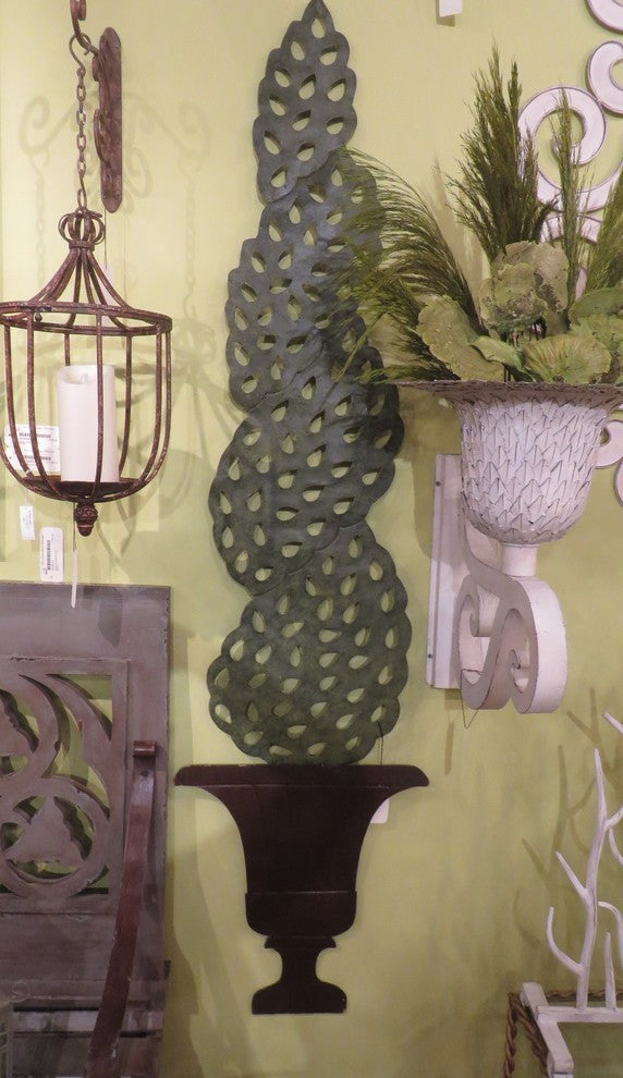Tall Swirl Wall Topiary Urn Plaque, Garden Indoor Outdoor Column Green