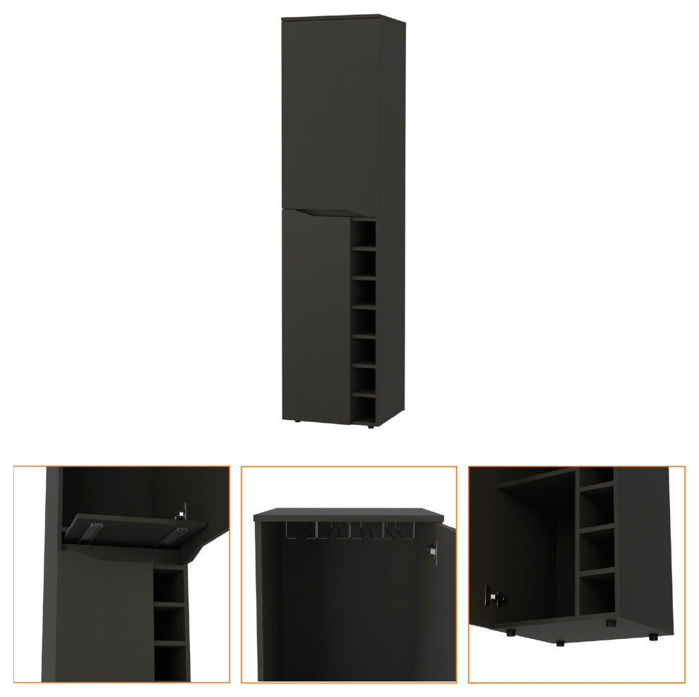 Maya Tall Bar Cabinet with 7 Wine Cubbies, Extendable Shelf, Glass Rack, Black