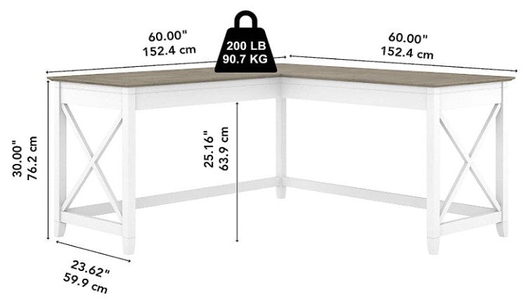 L Shaped Desk, Pure White Body With X-Shaped Side Accents and Shiplap Gray Top