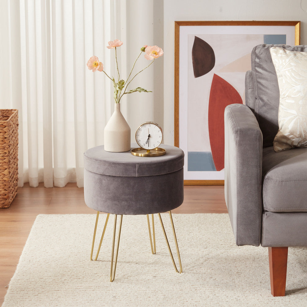 Round Storage Velvet Vanity Stool with Removable Lid, Grey