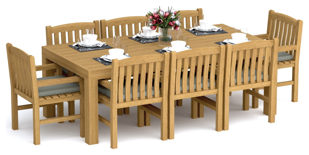 9-Piece Outdoor Patio Teak Dining Set: 86" Rectangle Table, 8 Devon Arm Chairs